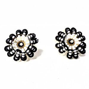 Vintage Black White Beaded Sequin Screw Back Earrings